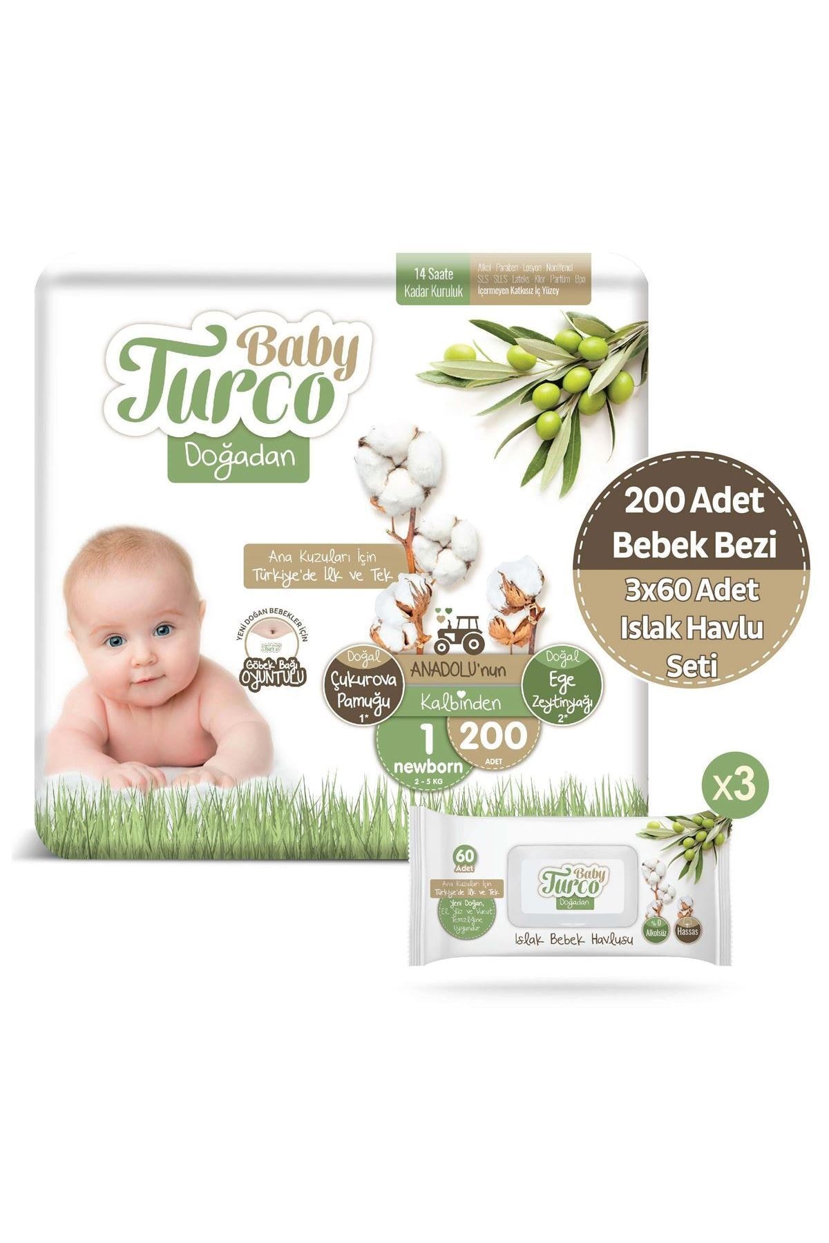 Baby Turco Doğadan 1 Numara Newborn 200 Adet + 3x60 Doğadan Islak Havlu Seti