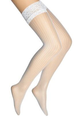 Silikonlu Dantelli Dantel (ÖRÜMCEK) File Dizüstü Kadın Çorap Beyaz / 10 DOR10463