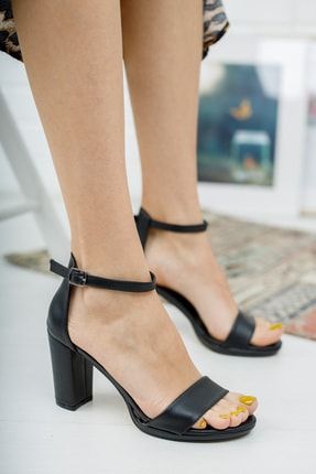 Siyah Cilt Deri Yüksek Tabanlı Tek Bant Topuklu Kadın Ayakkabı 02008