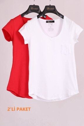 Kadın Kırmızı Beyaz V Yaka Cep Detaylı Yarım Kollu T Shirt 2 Li Paket AC.1750