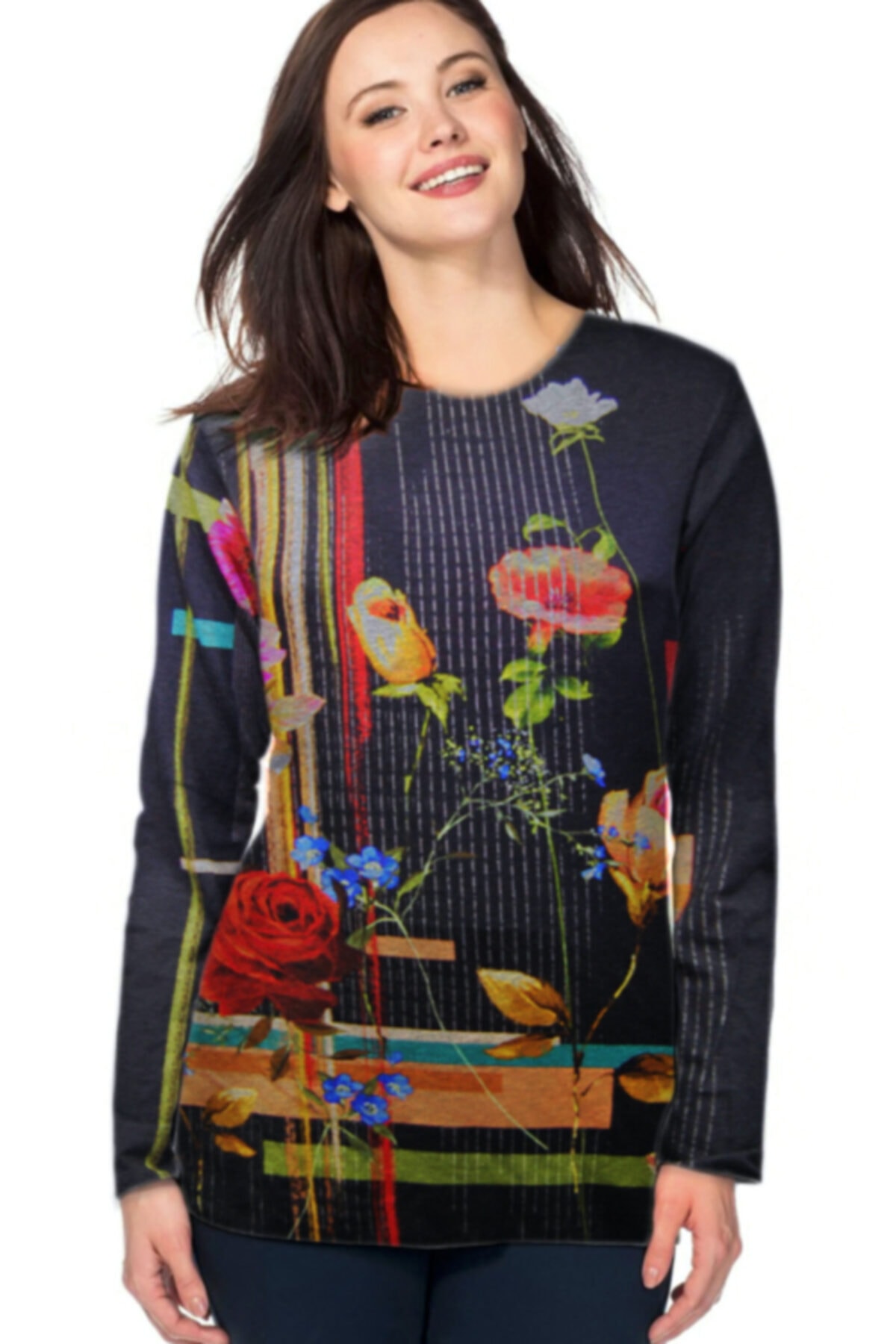 Nurteks Women's Black Floral Patterned Striped Blouse