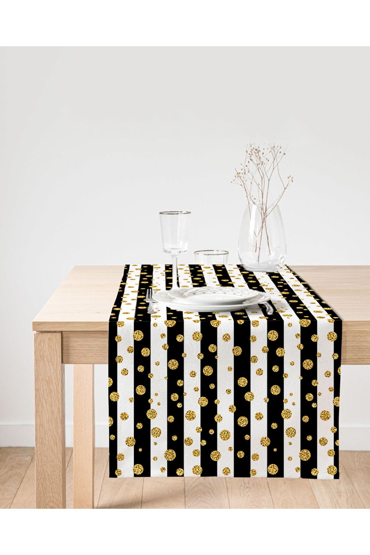 Realhomes Alergăr Din Piele De Căprioară Cu Design Special Cu Fundal Alb, Cu Dungi Negre, Aurii, Cu Buline - One Size