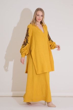 Kadın Nakış Detaylı Safran Rengi Uzun Katlı Elbise M0YM5B0431UON