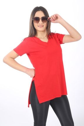 Kadın Kırmızı V Yaka Düz Renk Basic T-Shirt SR2343