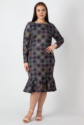 Kadın Lacivert Ekose Desen Yaka Detaylı Etek Ucu Volanlı Elbise 65N22842