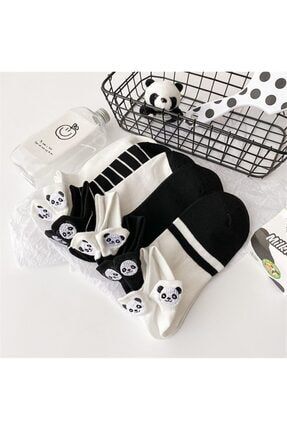 Kadın 5 Çift Siyah ve Beyaz Panda Desenli Nakışlı Patik Çorap çmnya-çzgiszpndg