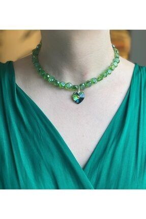 Swarovski Kalp Detaylı Açık Yeşil Bohemya Kristali Kolye YMur-KmY7000464