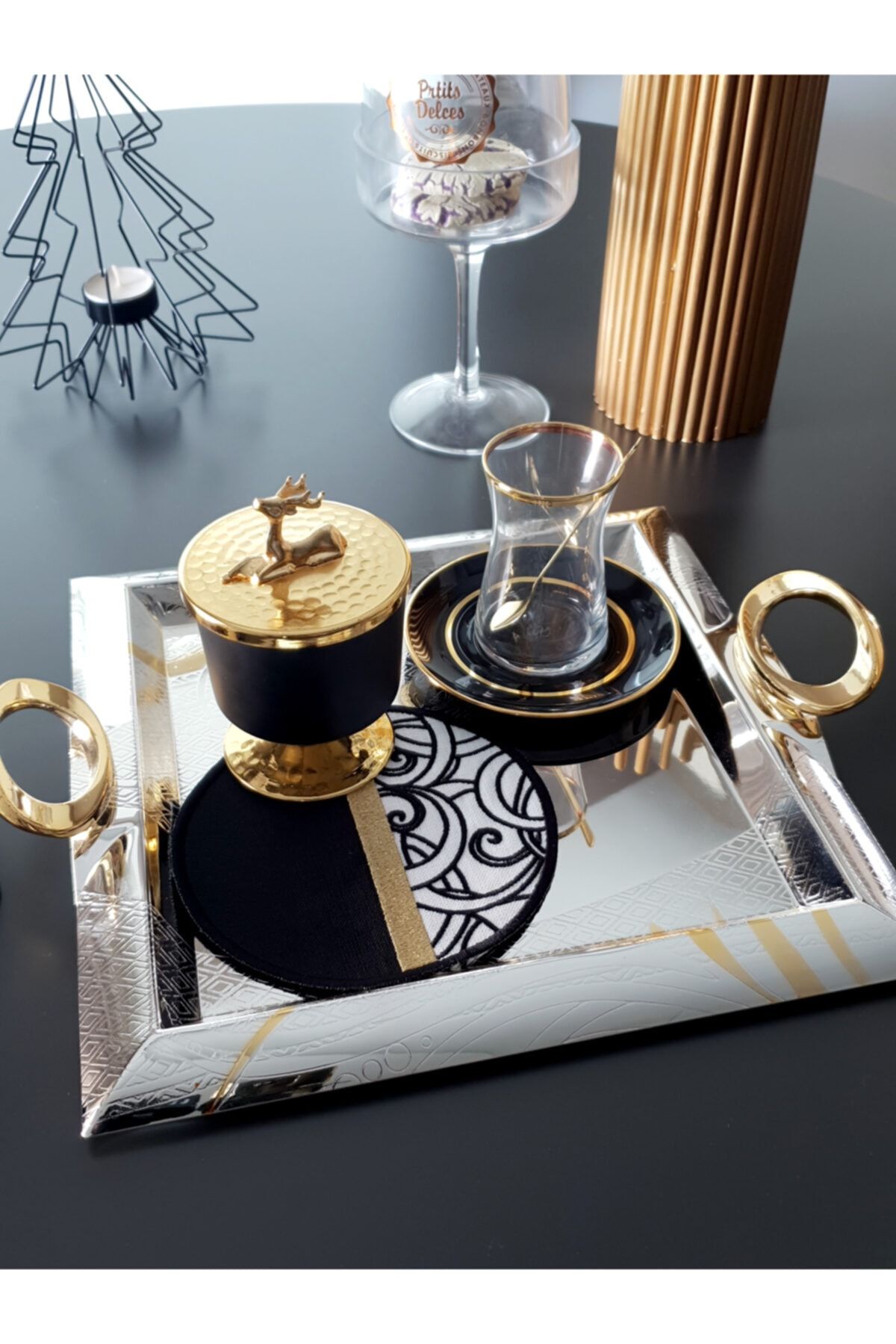 Tanem Home Black White Gold Embroidered Coasters Cocktails and
