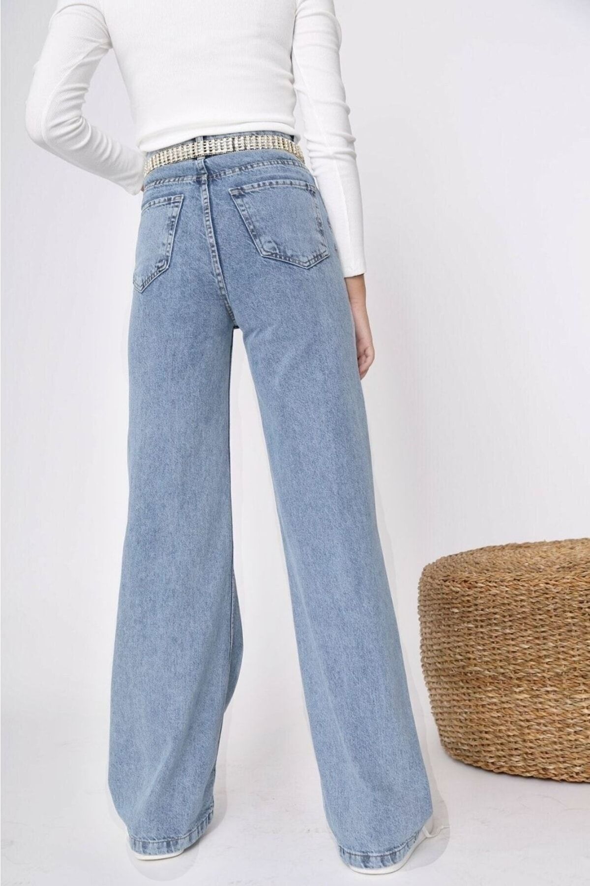 SANTA BELLA-Lady 90's Dark Blue Acid Wash Palazzo Jean Women's Wide Leg Colorfast Gathering Jeans 3