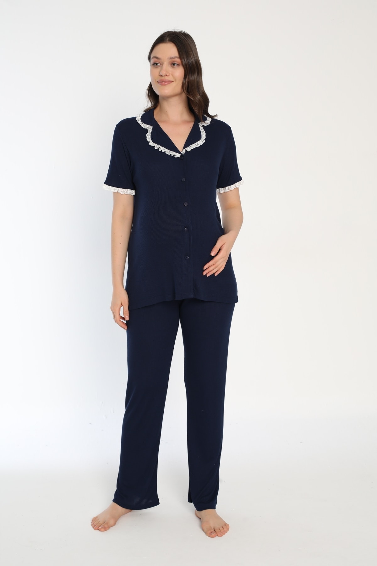 Miss Dünya Lissa Pamuk Fitilli Önden Düğmeli Lohusa Ve Hamile Pijama Takımı fotoğrafı 2 (önizleme)