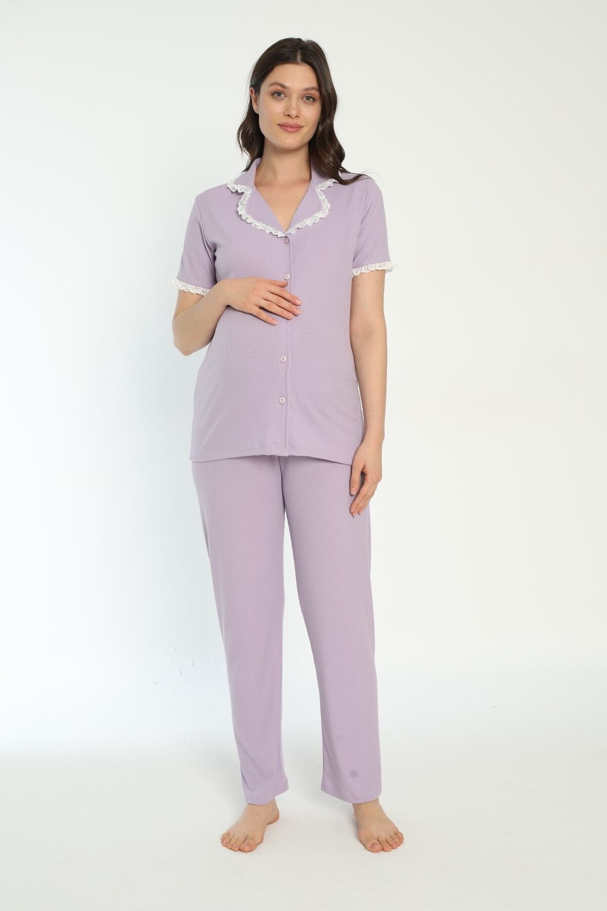 Miss Dünya Lissa Pamuk Fitilli Önden Düğmeli Lohusa Ve Hamile Pijama Takımı fotoğrafı 3 (önizleme)