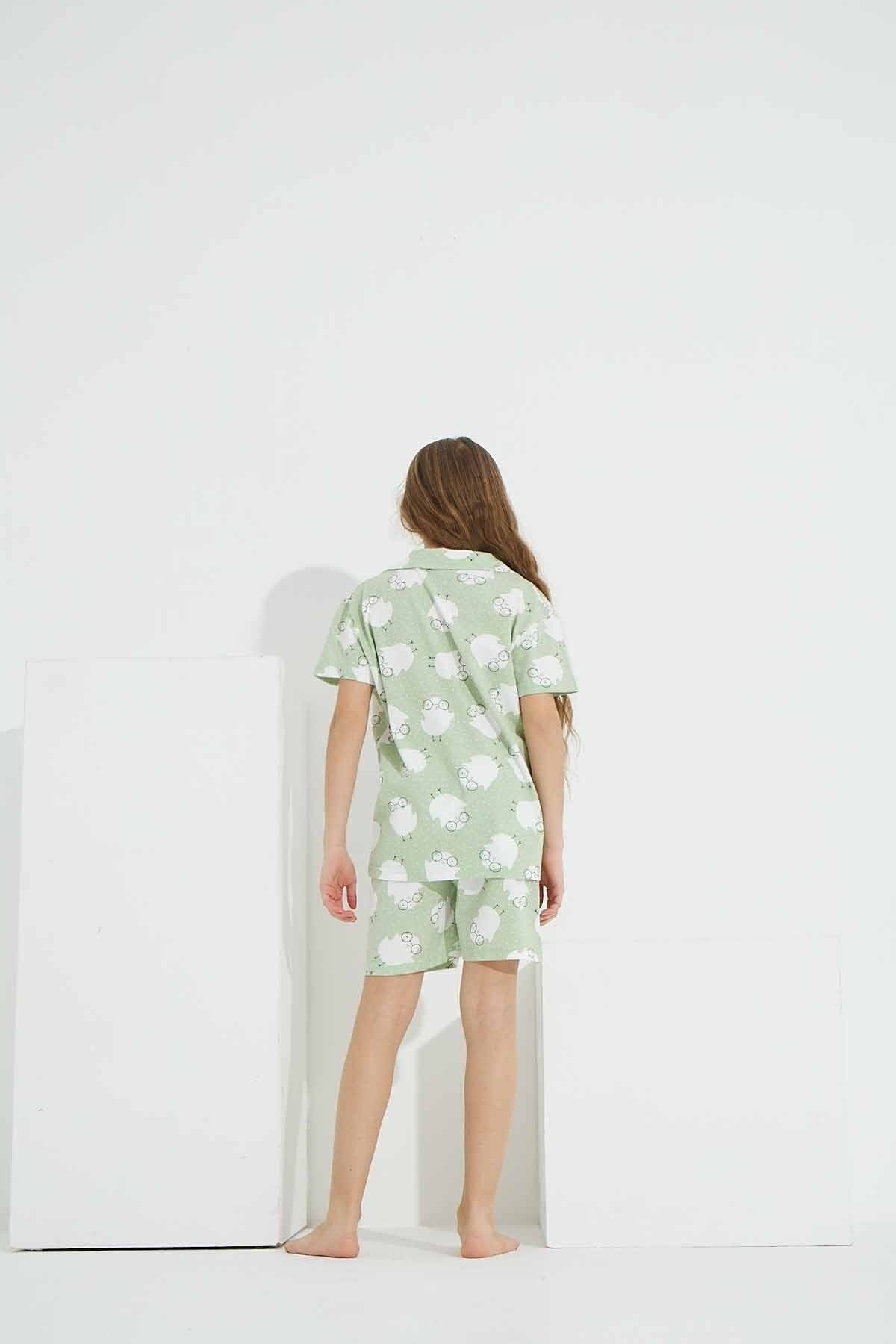 Siyah İnci-Green Chick Patterned Buttoned Knitted Shorts Set 4