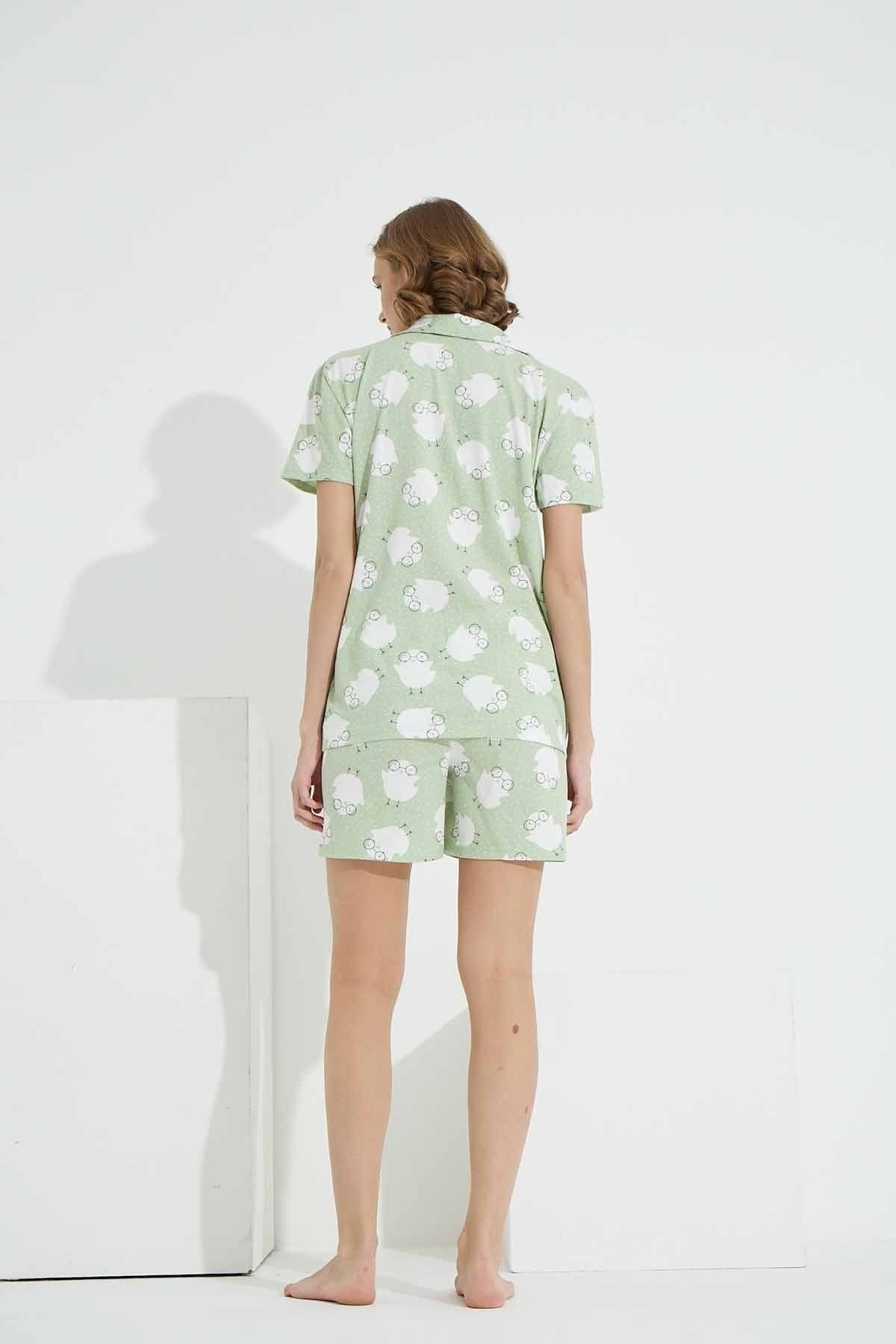 Siyah İnci-Green Chick Patterned Buttoned Knitted Shorts Set 5