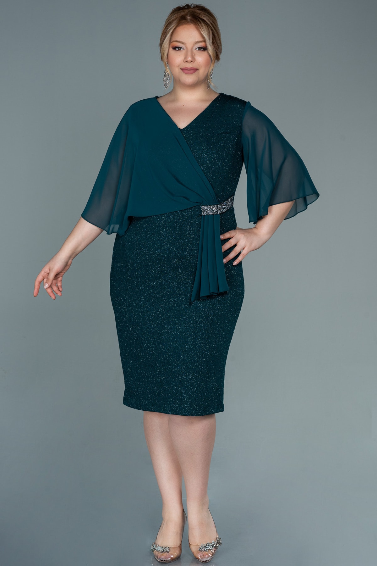 Emerald Green Short Sleeve Glitter Midi Plus Size Evening Dress Abk1610