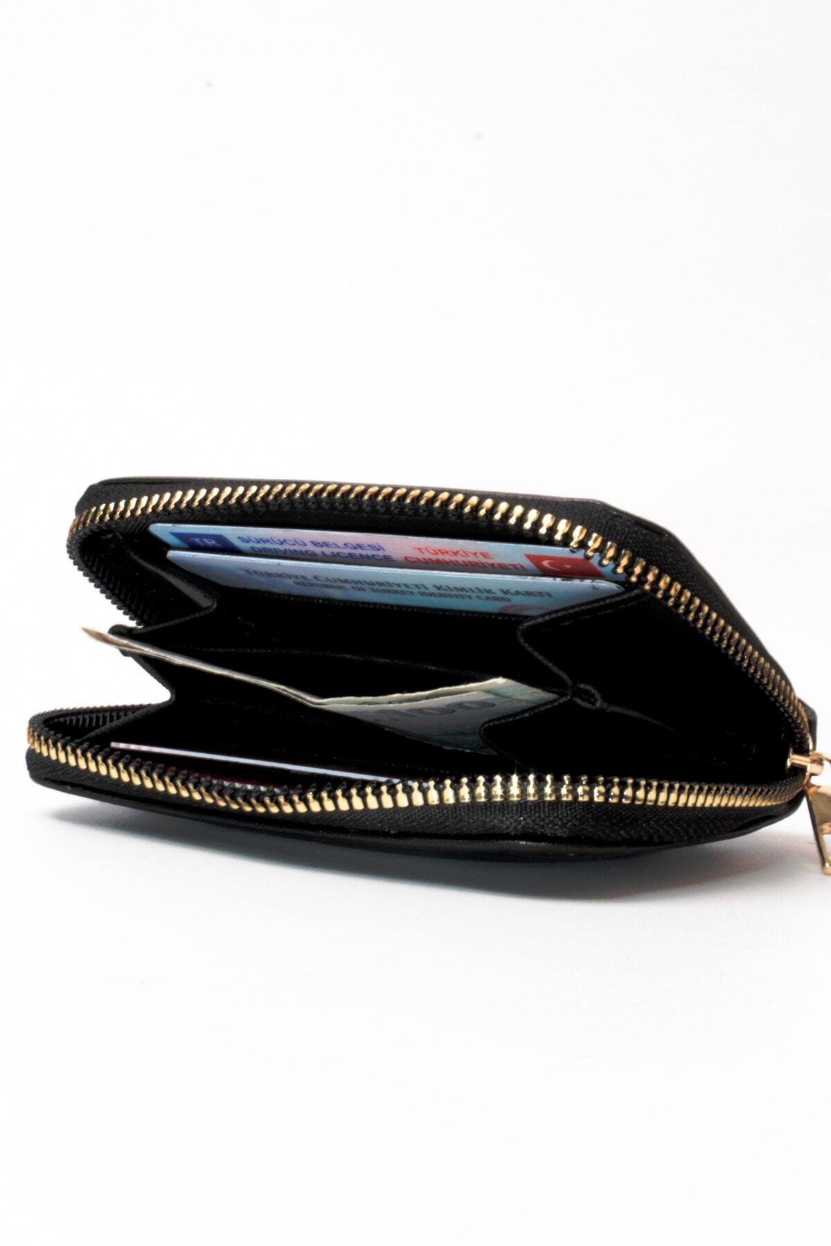 dericom  Orjinal Kadın Kartlıklı Fermuarlı Bozuk Para Bölmeli Şık Mini Kartlık Cüzdan Siyah - Görsel 4