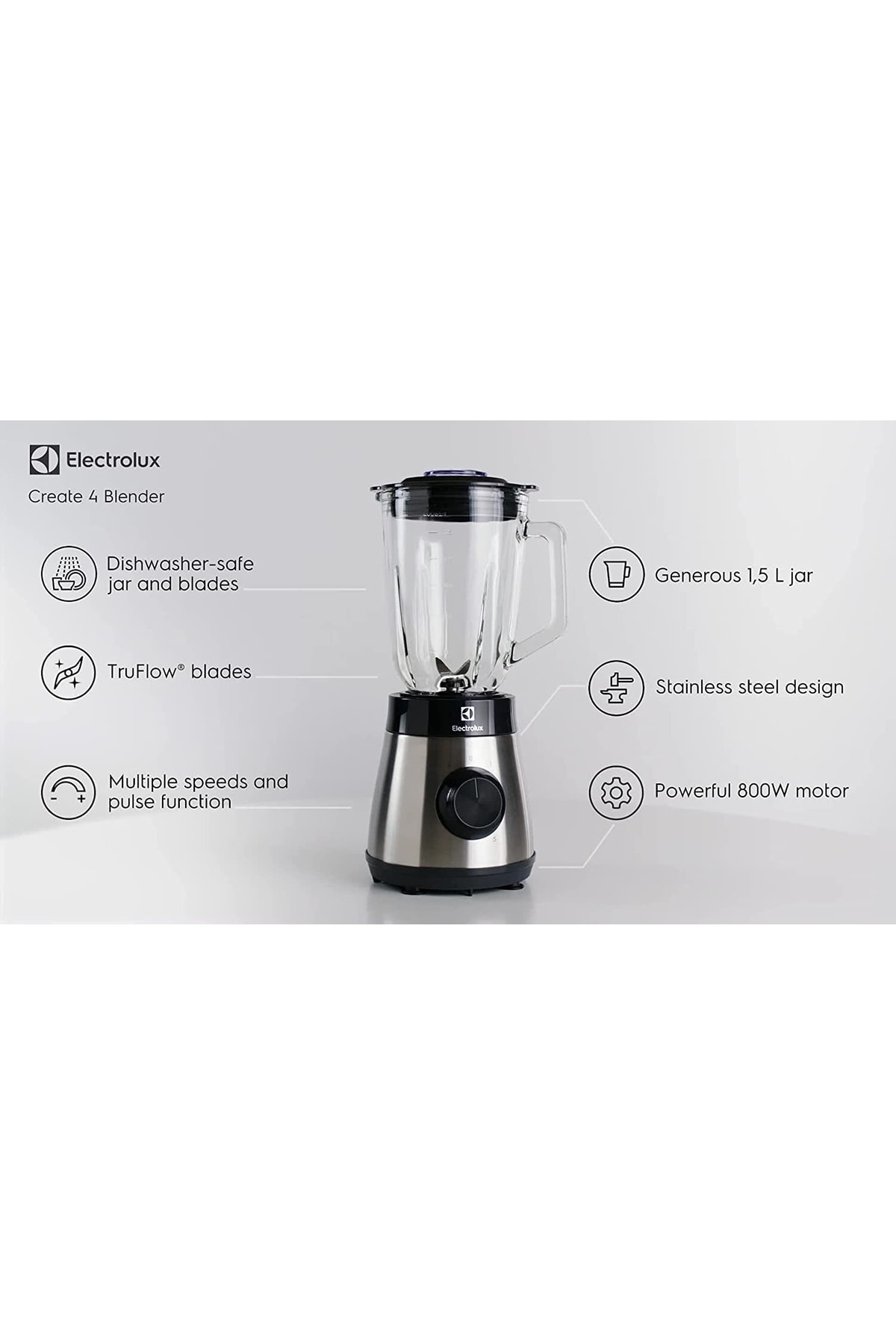 Electrolux Frullatore Create 4 Con Lame TruFlow - 800 W, Caraffa Vetro 1,5L, Grigio - Ideale Per Frullati E Ghiaccio - Foto 14