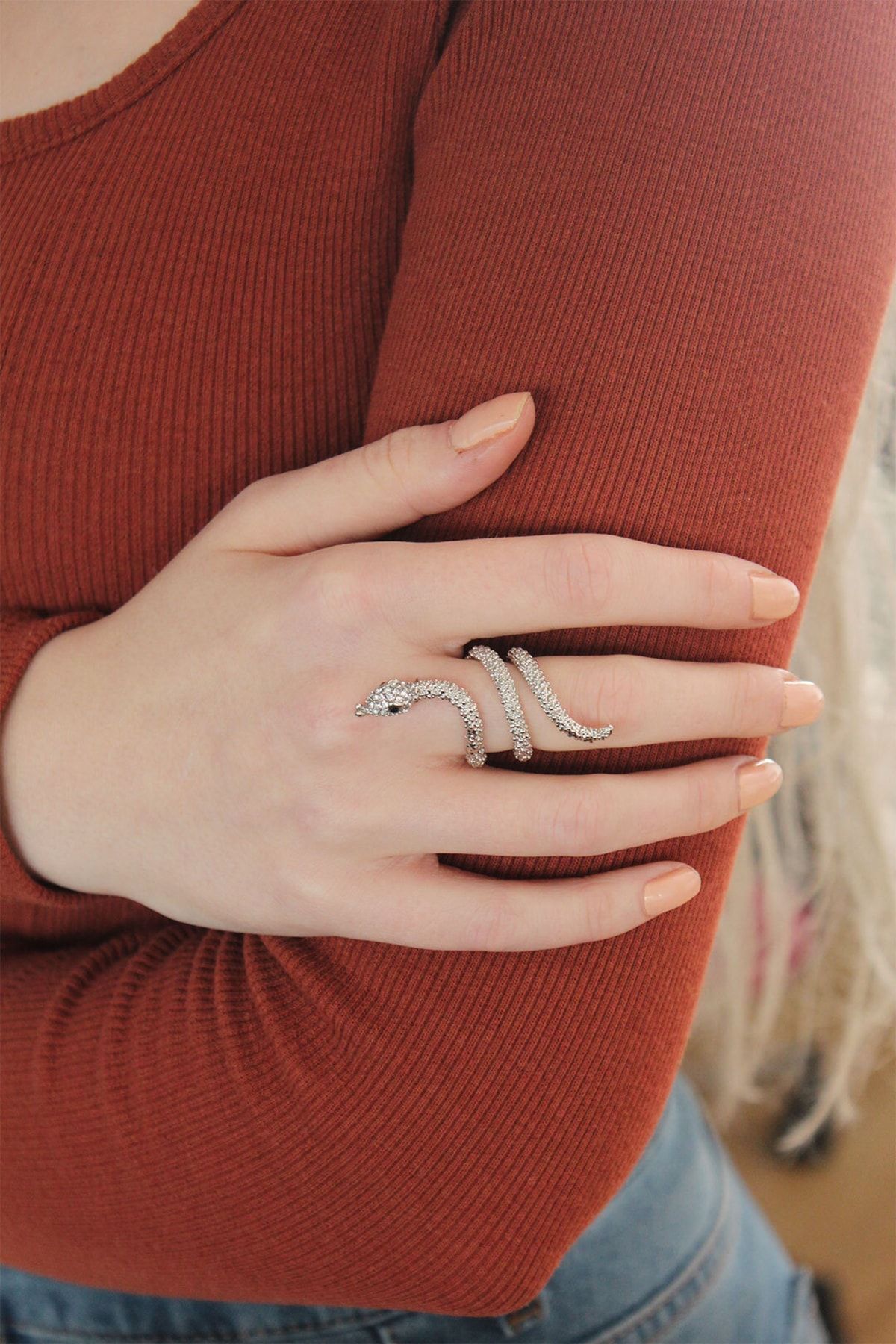 Clariss Adjustable Silver Color Zircon Stone Snake Ring Byk2236