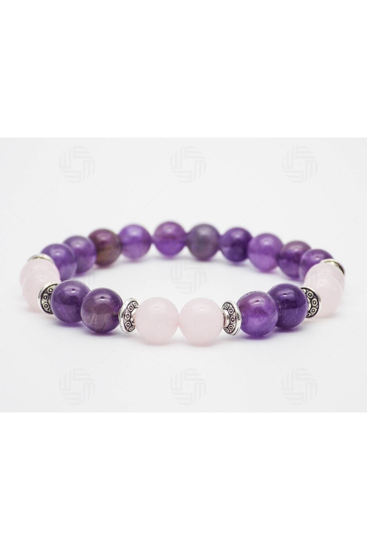 Elegance Symbol | Pink Quartz And Amethyst Natural Stone Bracelet | Handcrafted > Certified