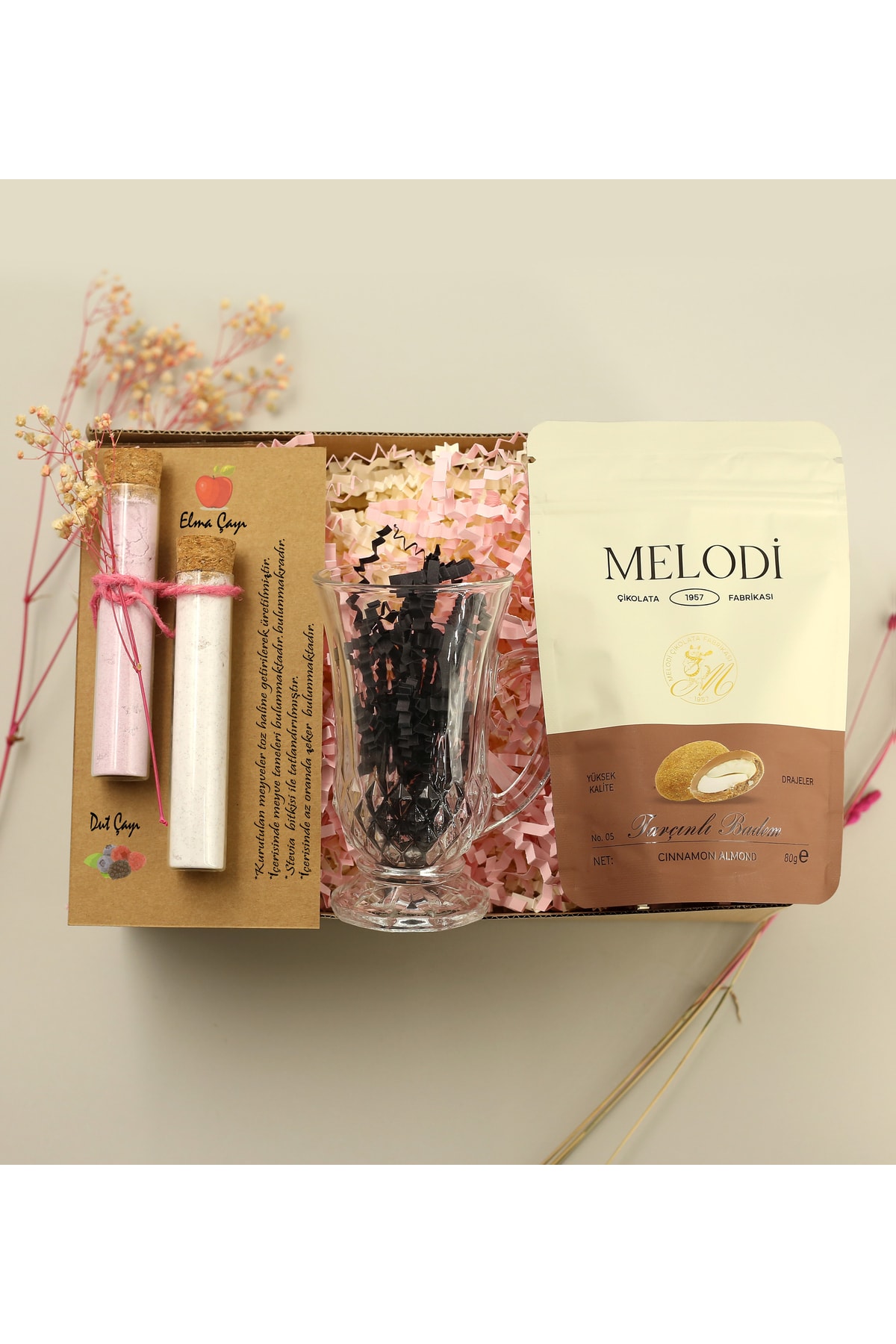 Glass Cup with Handle & 2-Piece Herbal Tea & Fruity-Almond Dragee Gift Set