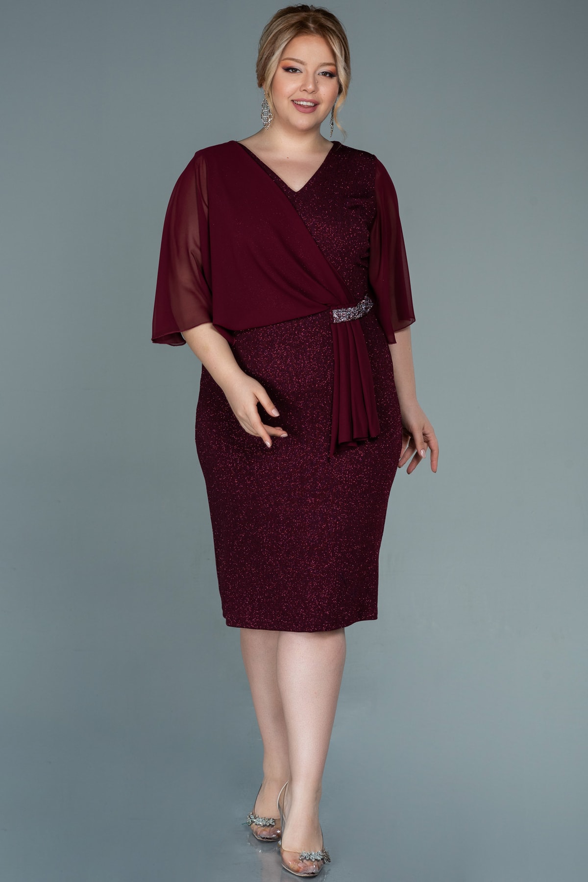 Burgundy Short Sleeve Glitter Midi Plus Size Evening Dress Abk1610