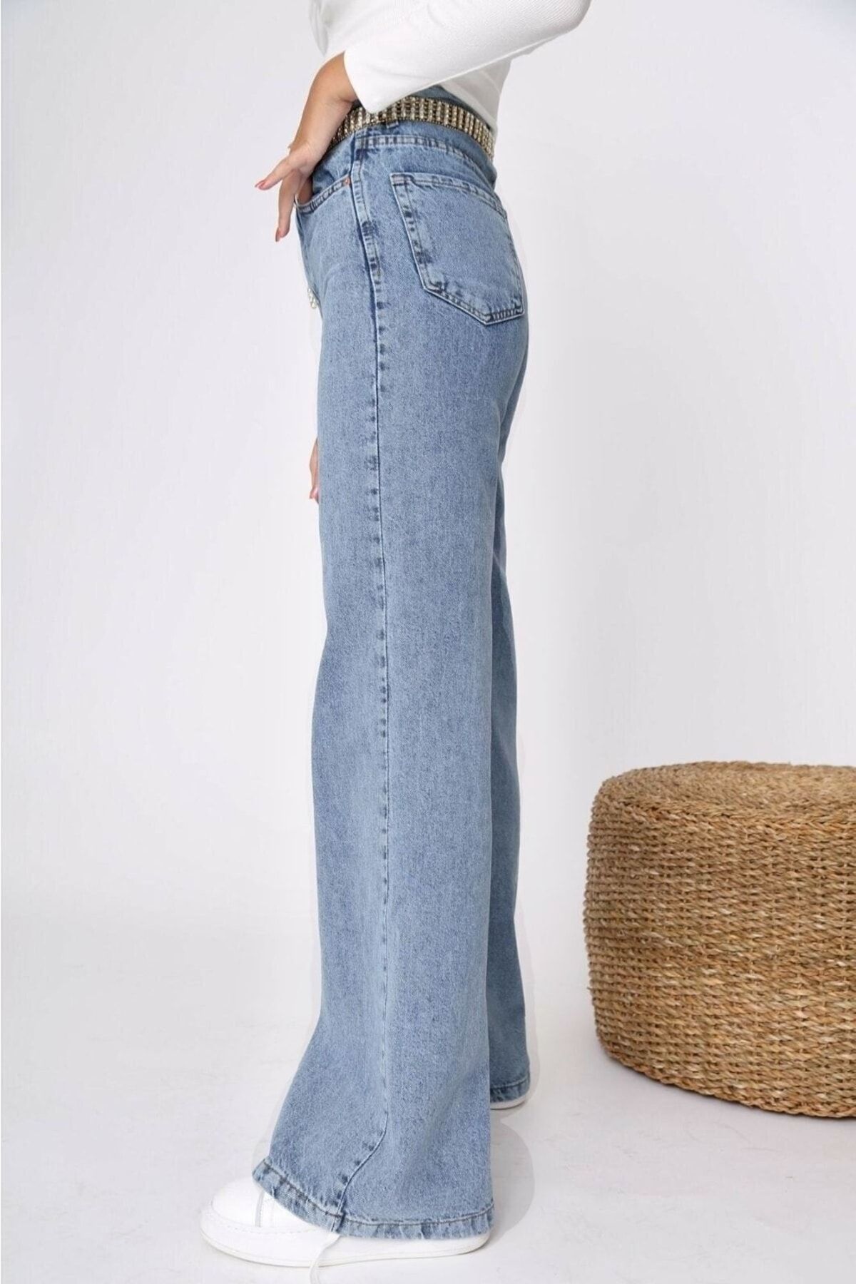 SANTA BELLA-Lady 90's Dark Blue Acid Wash Palazzo Jean Women's Wide Leg Colorfast Gathering Jeans 2