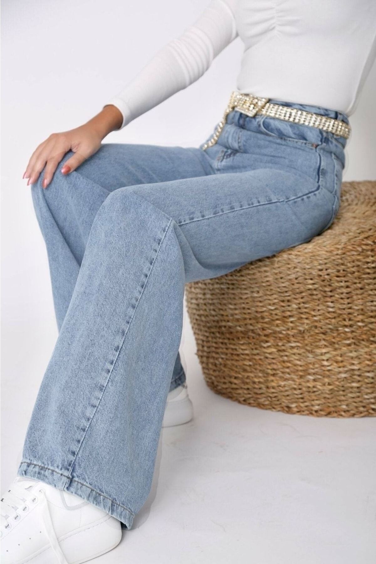 SANTA BELLA-Lady 90's Dark Blue Acid Wash Palazzo Jean Women's Wide Leg Colorfast Gathering Jeans 4