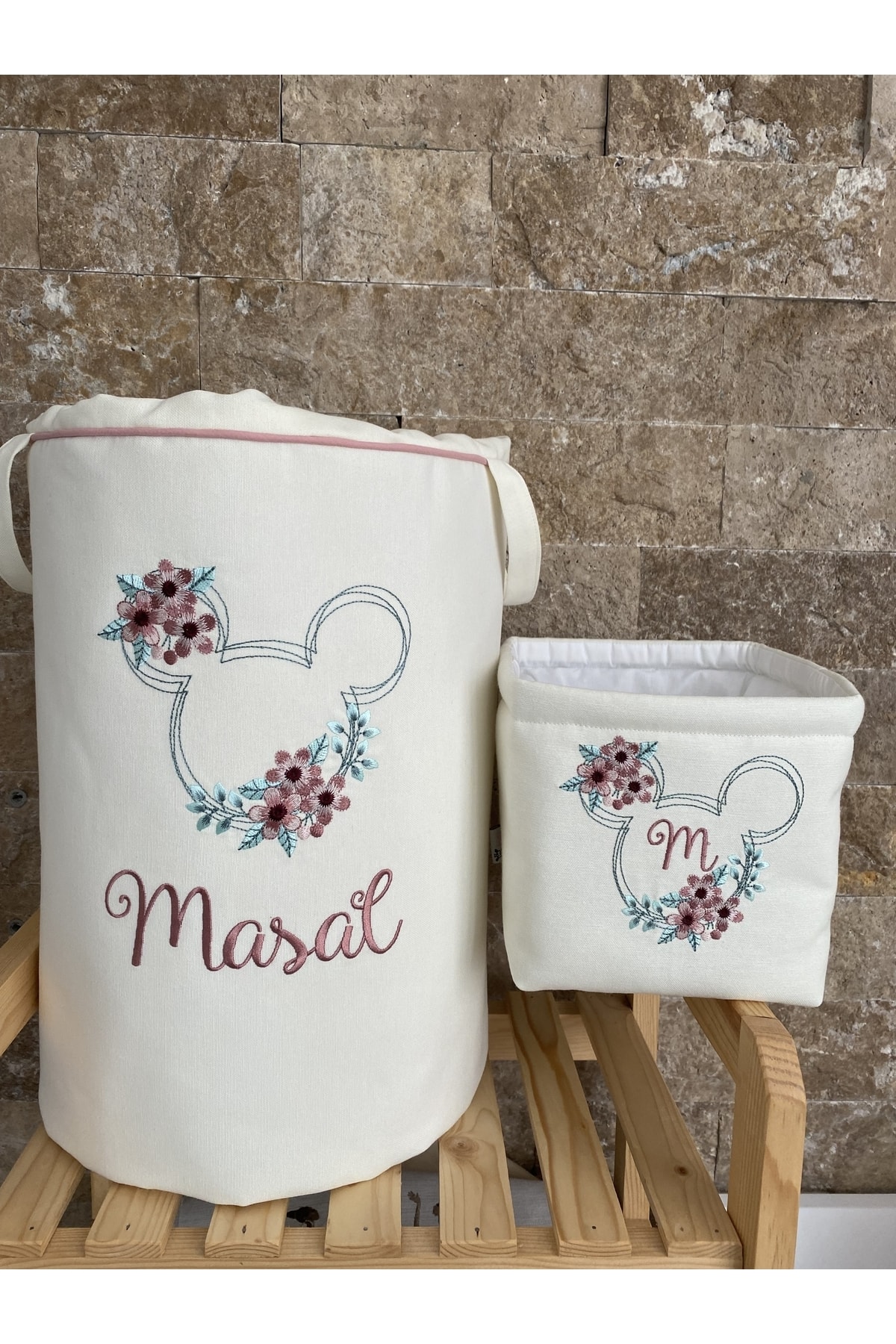 HS Home Baby İsme Özel Minnie Mouse Nakışlı Bez Kirli Oyuncak Sepet Seti