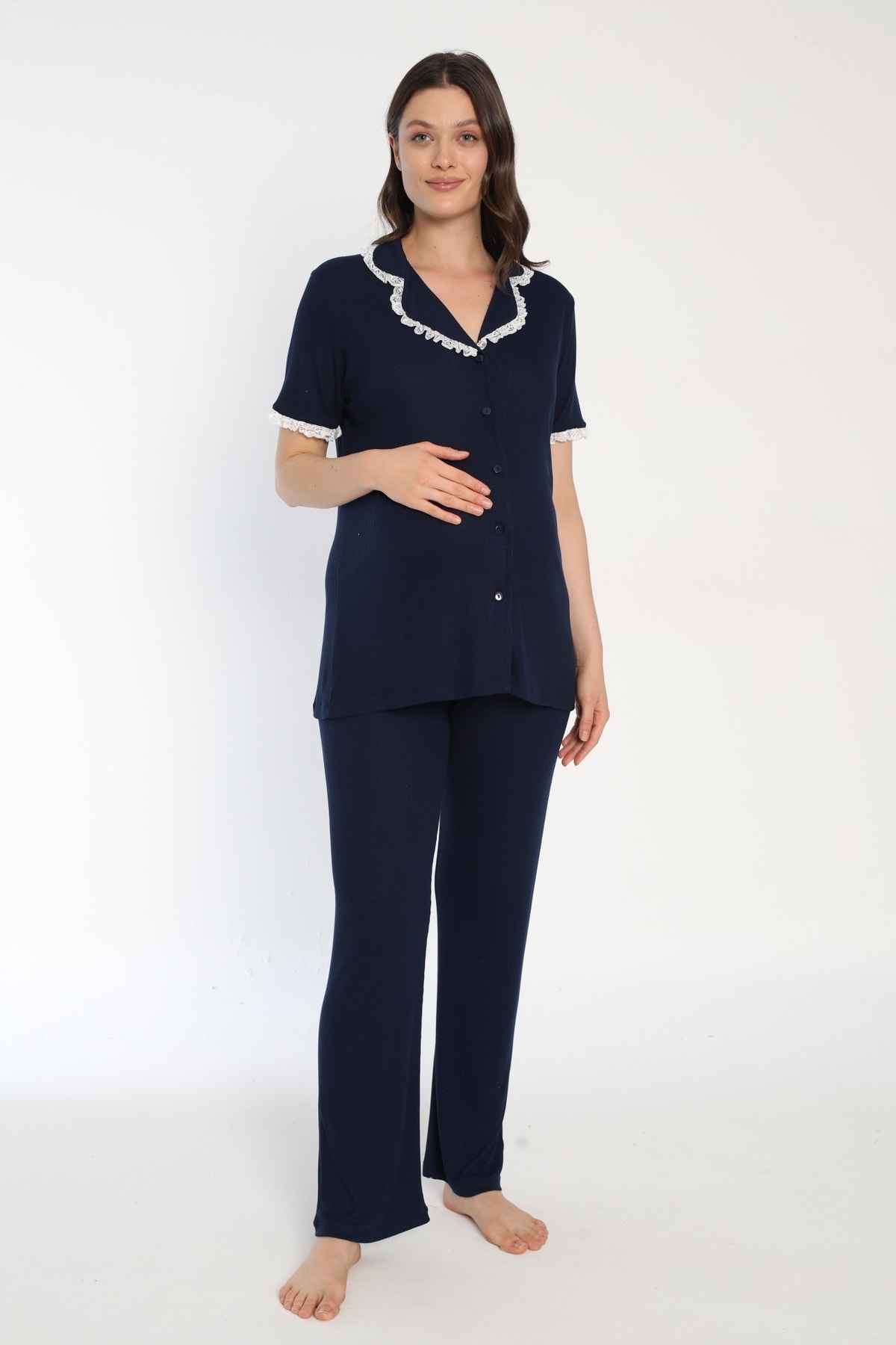 Miss Dünya Lissa Pamuk Fitilli Önden Düğmeli Lohusa Ve Hamile Pijama Takımı fotoğrafı 3 (önizleme)