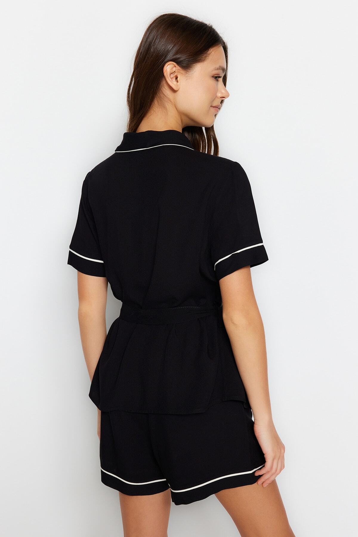 Trendyolmilla  Siyah Kuşaklı Biye Detaylı Viskon Şortlu Dokuma Pijama Takımı THMSS23PT00203 - Görsel 7