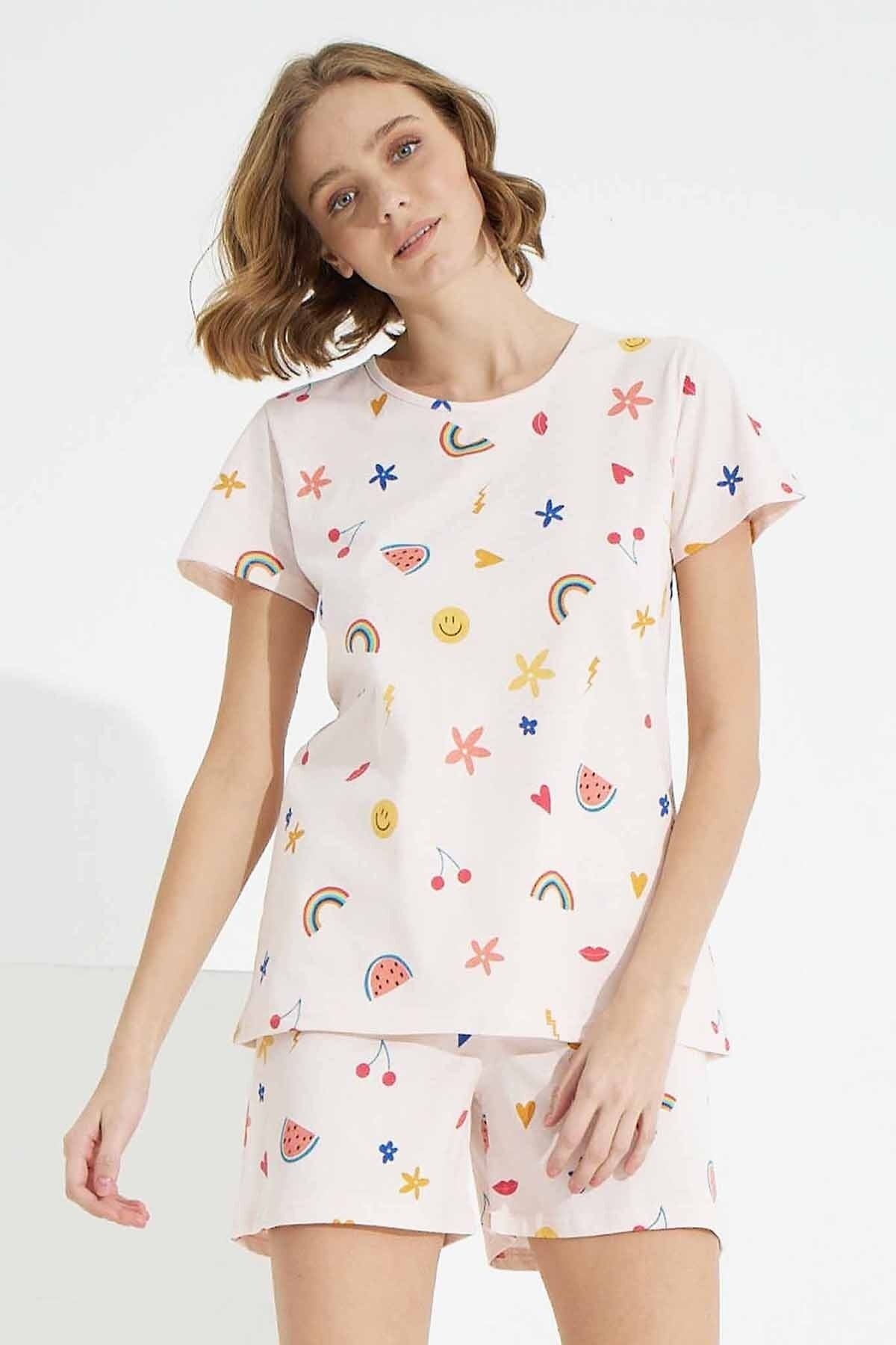 Siyah İnci-Cotton Patterned Knitted Shorts Set 2