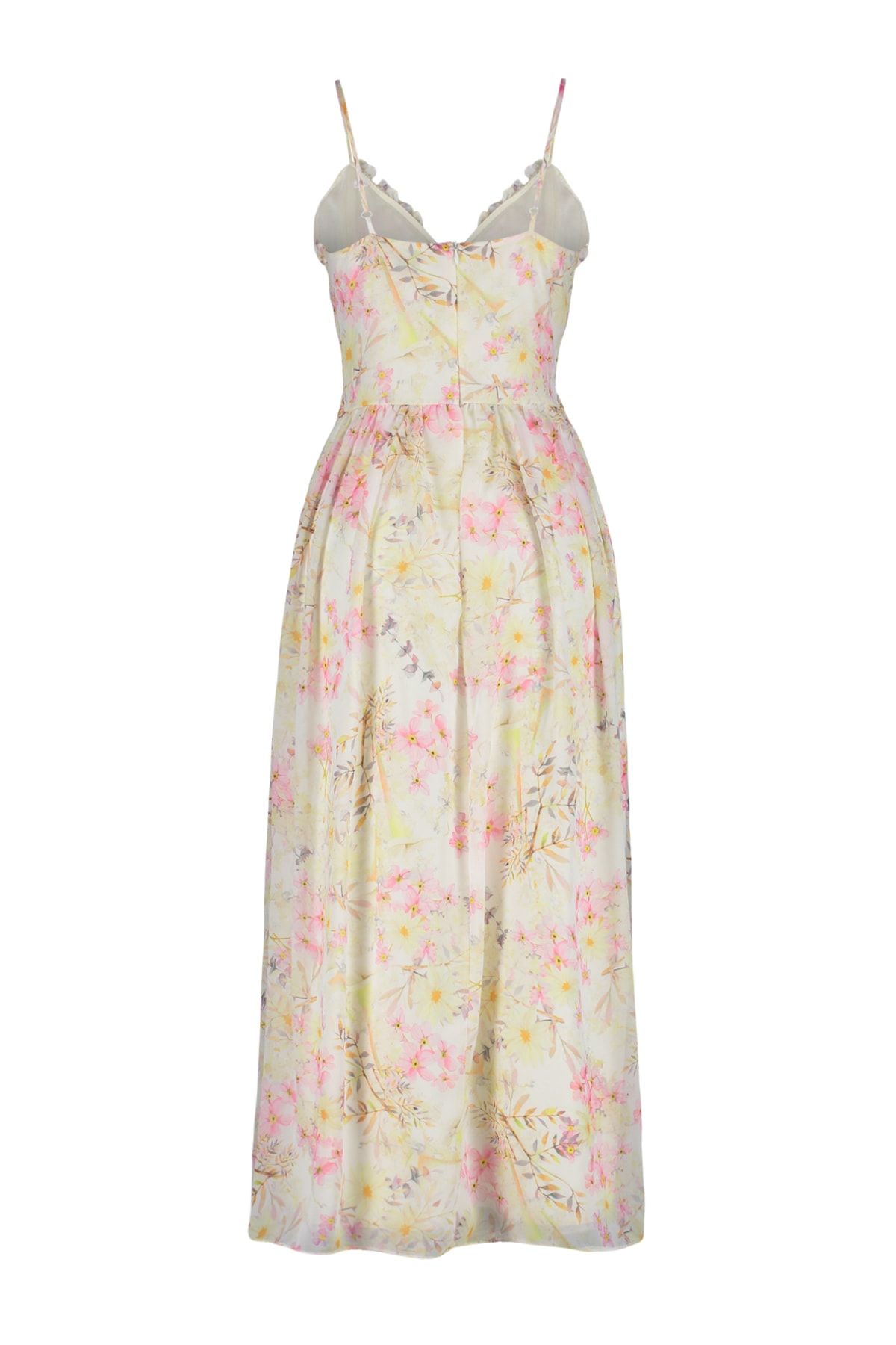 Trendyol Collection-Ecrufarbenes, A-förmiges Maxikleid aus gewebtem Chiffon mit Blumenmuster, Rüschendetail und Futter TWOSS23EL02013 8