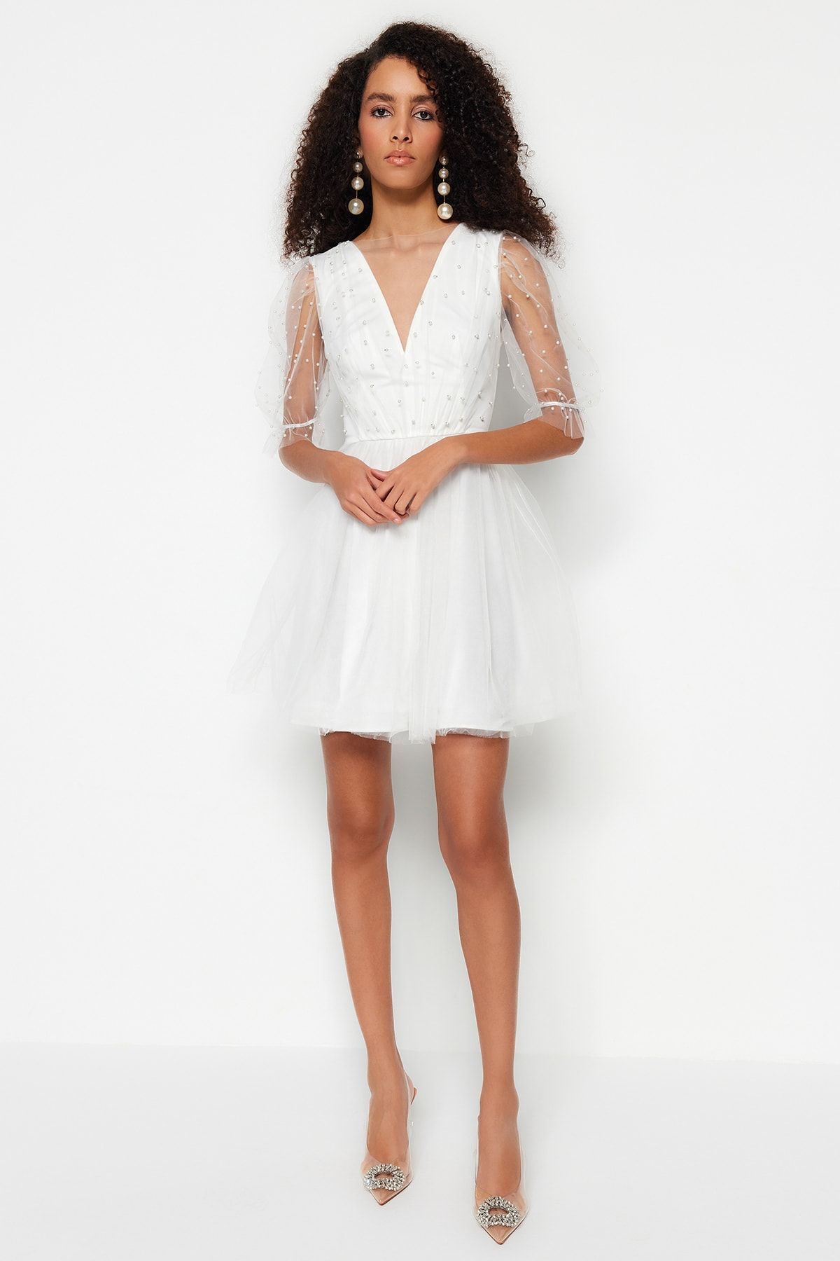 Chi chi london petite lace detail skater dress deals in white