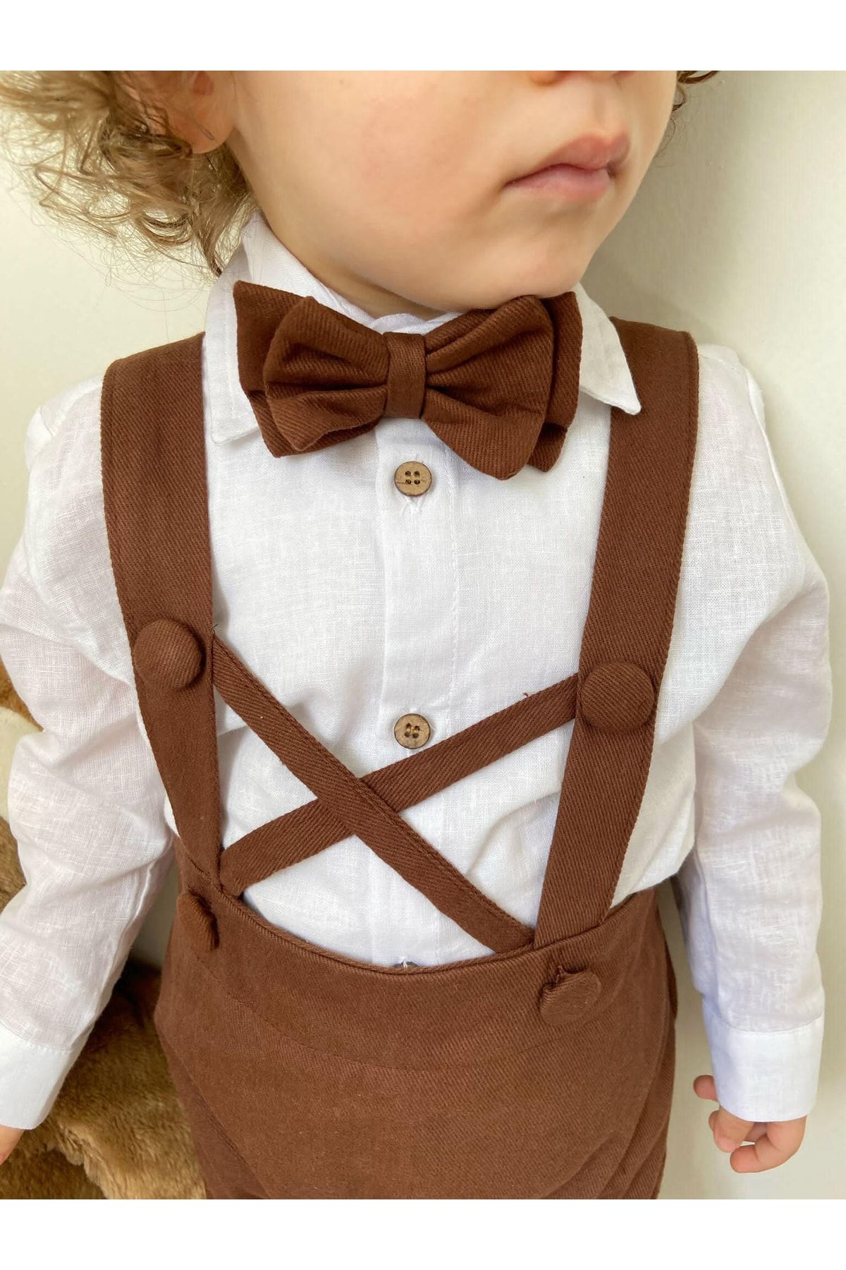 Poplinkids Kahve Rengi Çapraz Salopet Keten Gömlek Takım 161