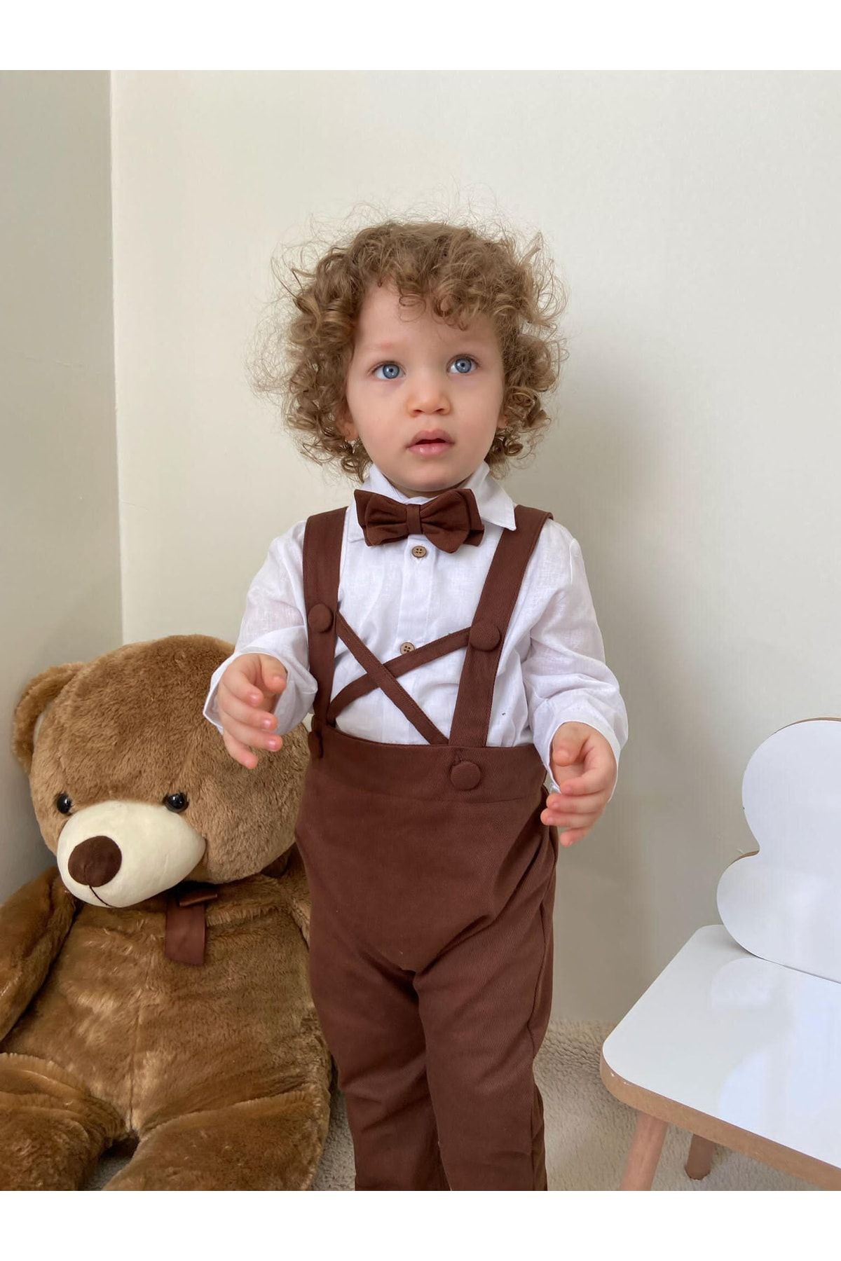 Poplinkids Kahve Rengi Çapraz Salopet Keten Gömlek Takım 161