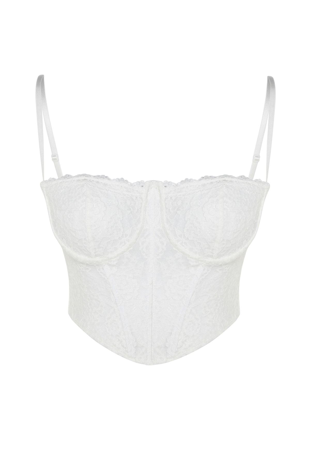 Trendyol Collection-Kurzes Bustier aus gestrickter Spitze – Ecru, Korsettdetails und Grafiken TPRAW23BS00062 6
