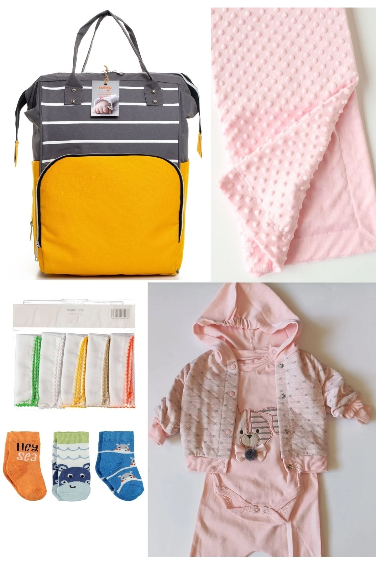 5-Piece Delivery Set (Baby Care Backpack,Hospital Checkout,Chickpea Blanket, 10 Wipes and 3 Socks)