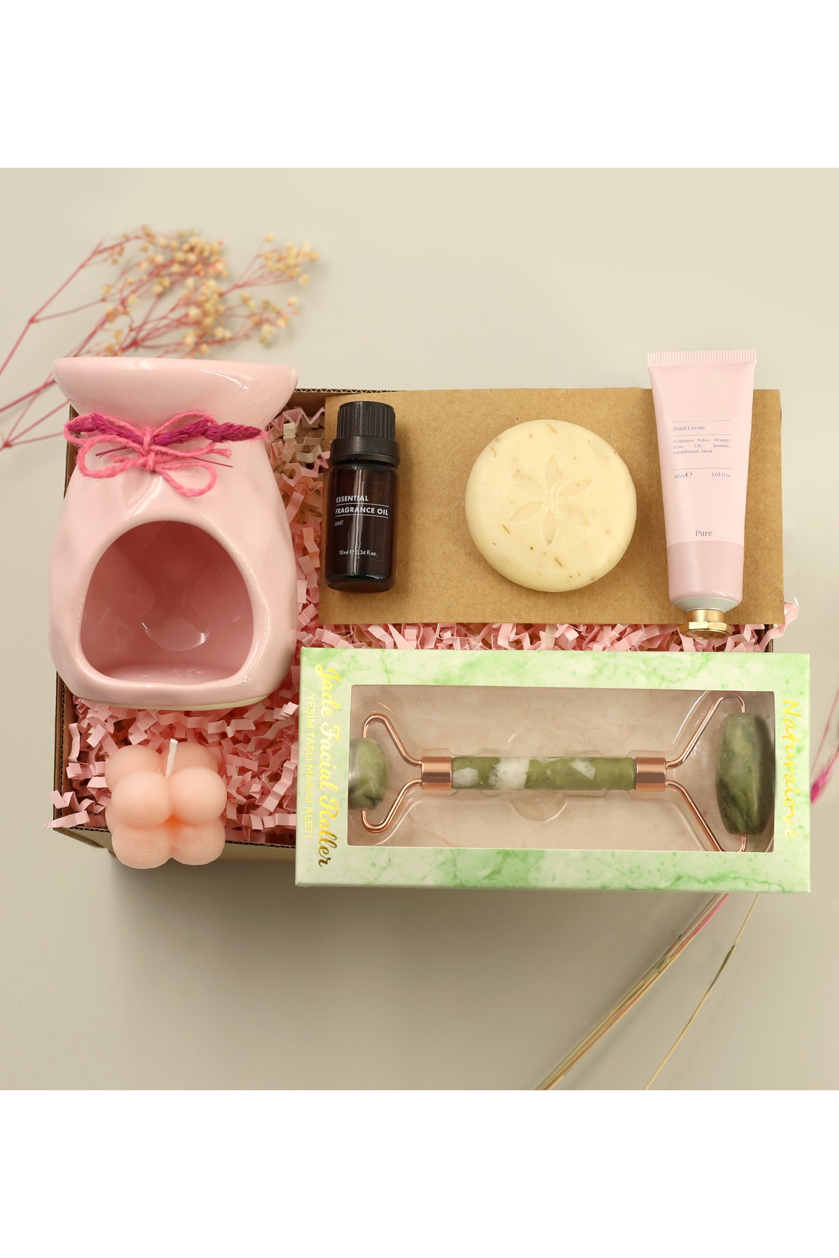 Censer & Censer Fragrance & Jade Stone Massage Tool & Bubble Candle & Lavender Soap & Hand Cream Gift Set