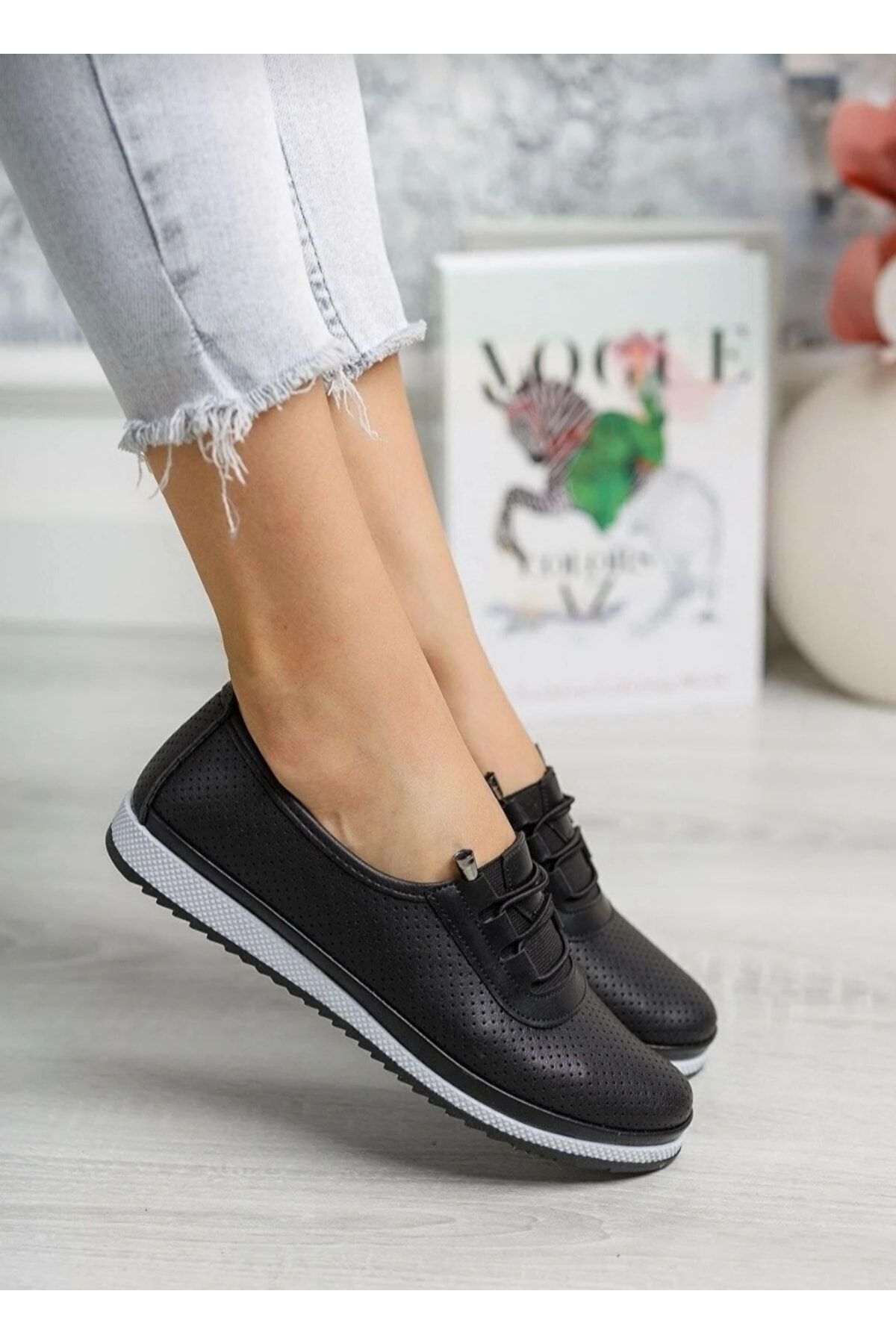 Black flats with holes sales