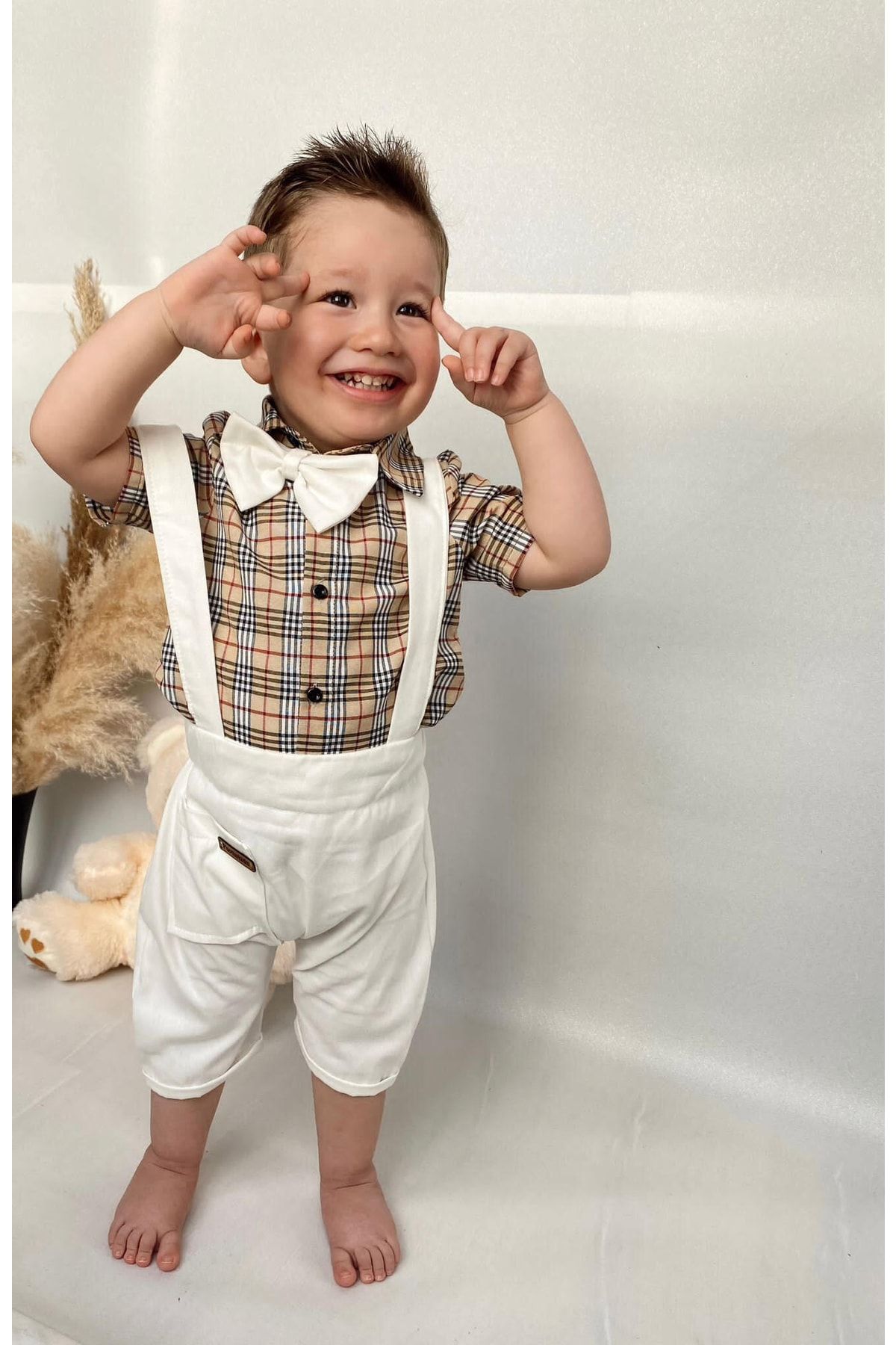 Poplinkids Beyaz Salopet Şort Takım 118