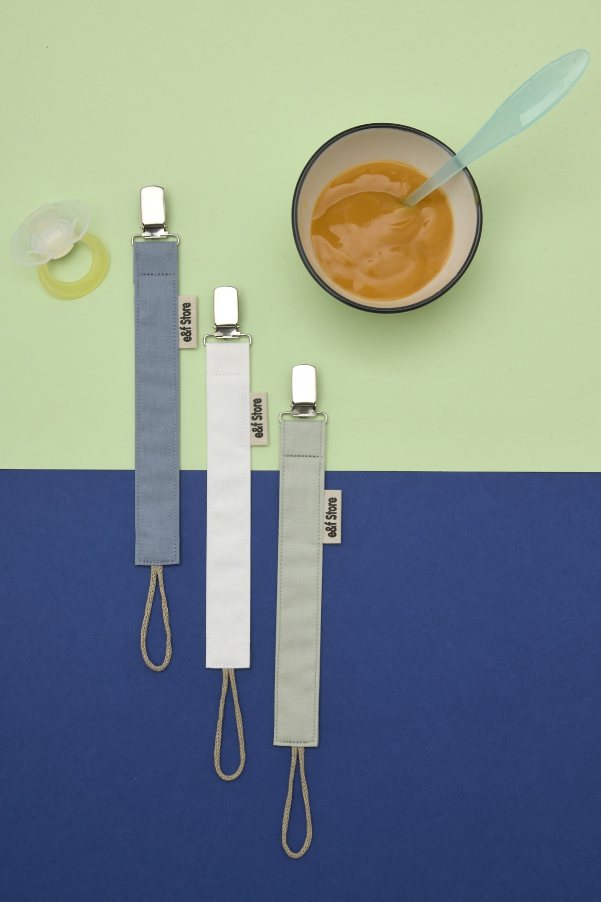 e&f Store 3'lü Indigo Beyaz Mint Yeşili Emzik Askısı Seti - Emzik Zinciri - %100 Pamuk Kumaş