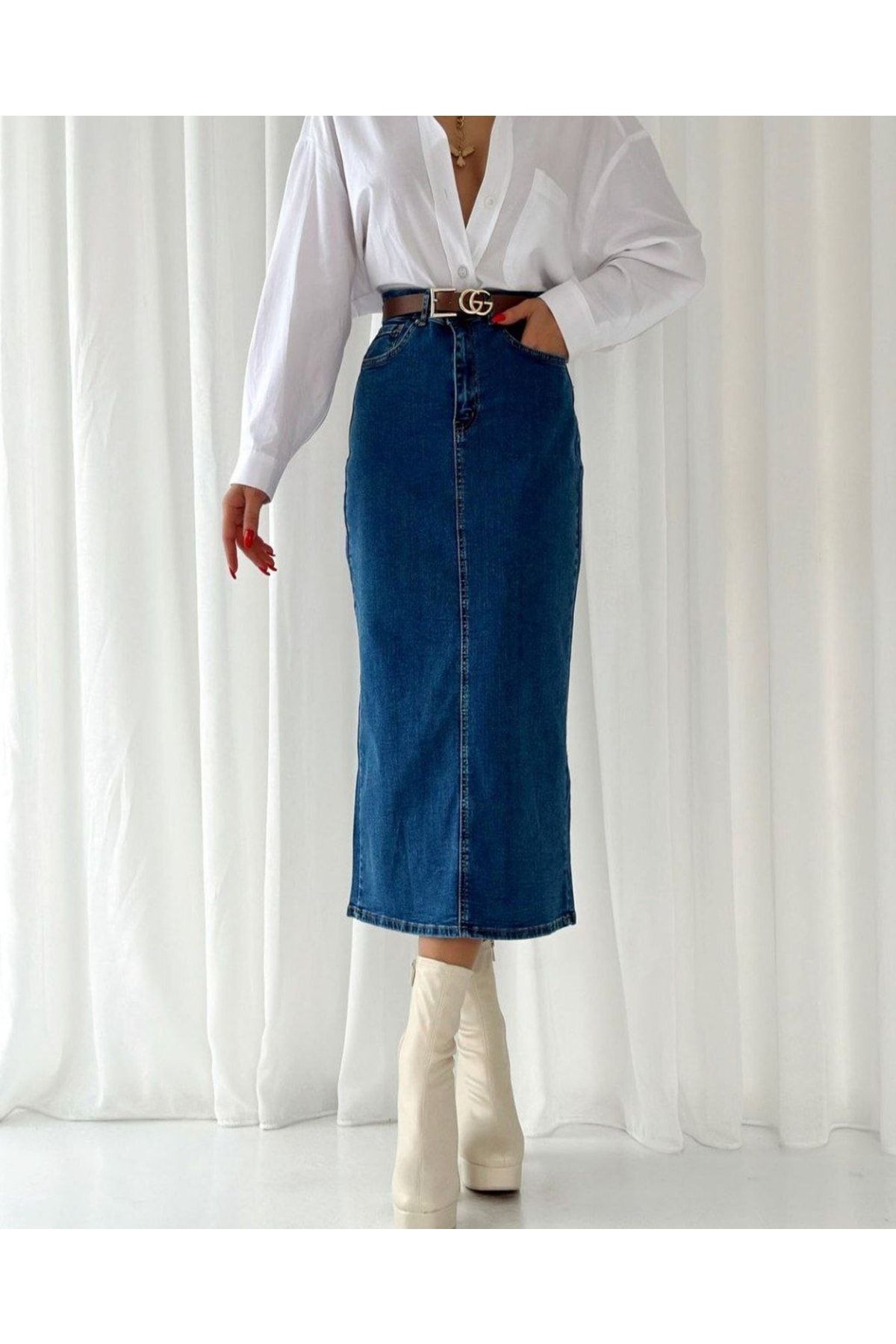 Denim long pencil skirt shop