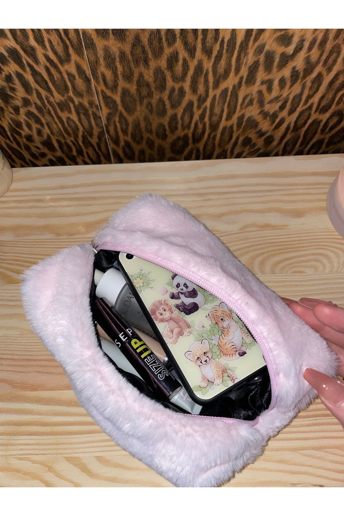 Pink fluffy makeup bag deals
