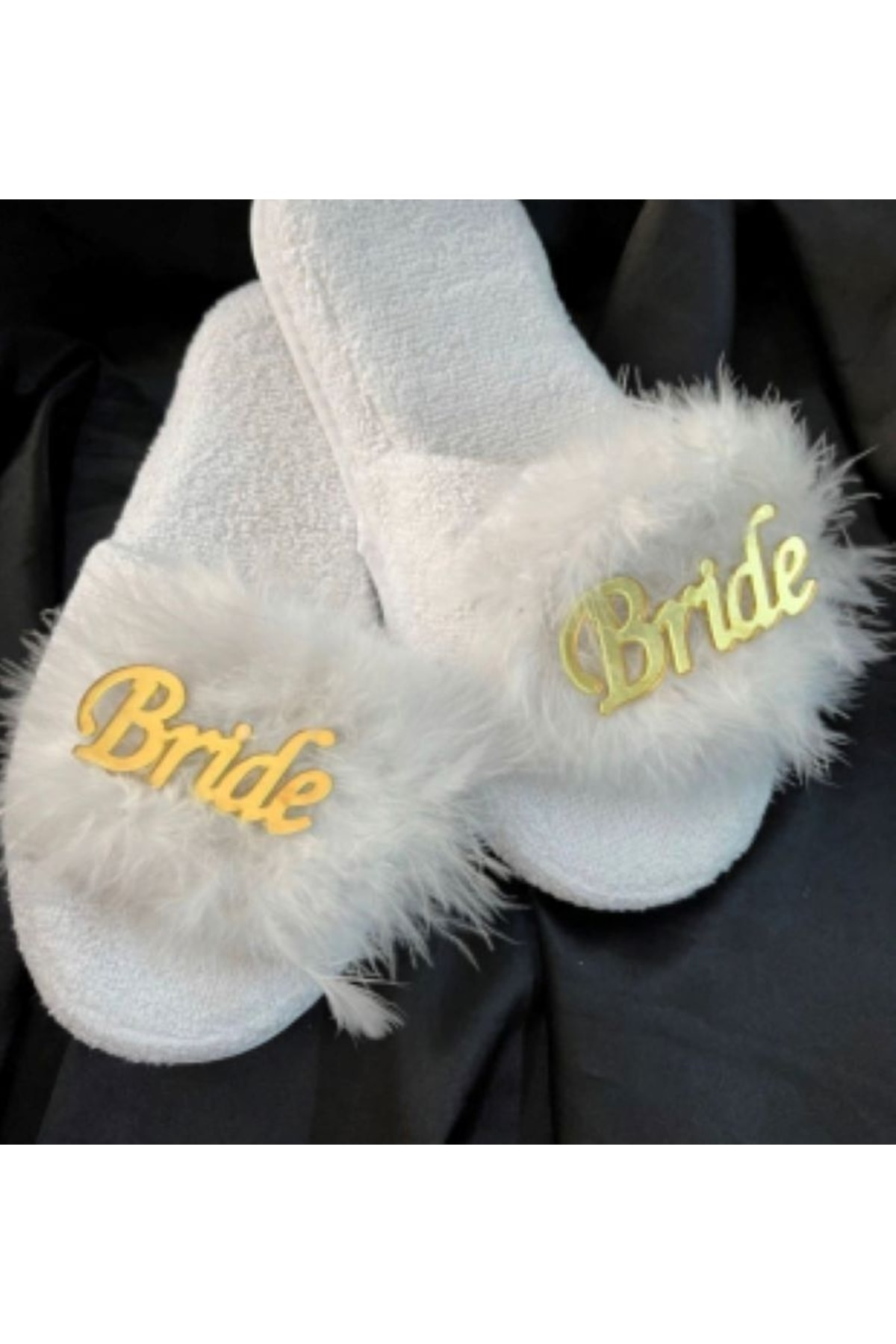 Open-Front Feathered Bride Slippers Gold Bridal Slippers – Home Slippers