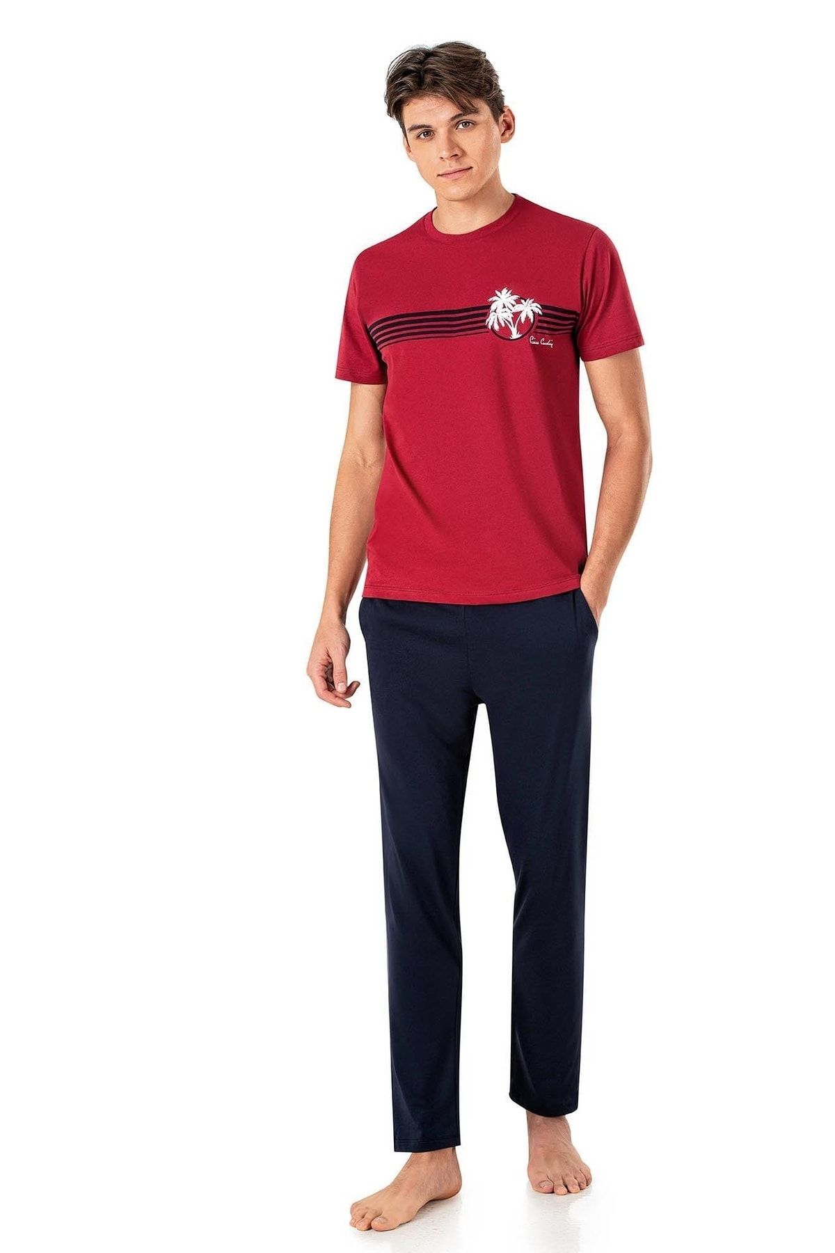 ست پیژامه قرمز مردانه لباس خواب آستین کوتاه 6015 Pierre Cardin
