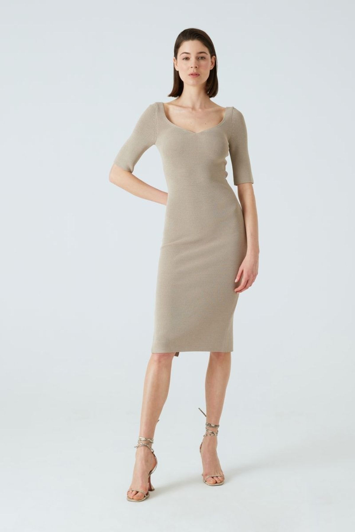 JOIN US-Half Sleeve Slit Detailed Midi Length Beige Knitwear Dress 2