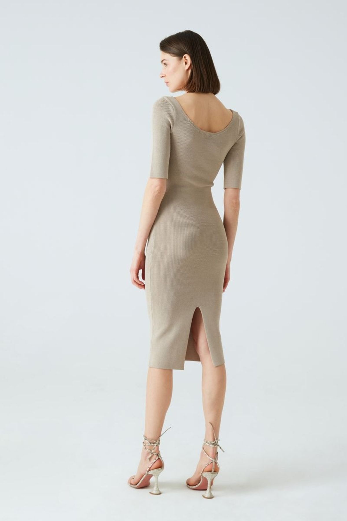 JOIN US-Half Sleeve Slit Detailed Midi Length Beige Knitwear Dress 5