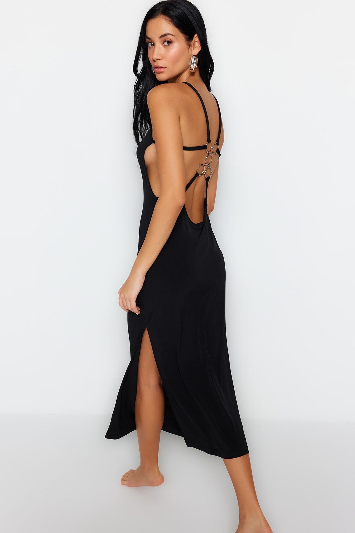 Trendyol Collection Damen Schwarz Es, Tailliertes, Rückenfreies Maxi-Strandkleid Aus Strick Für - Größe 38