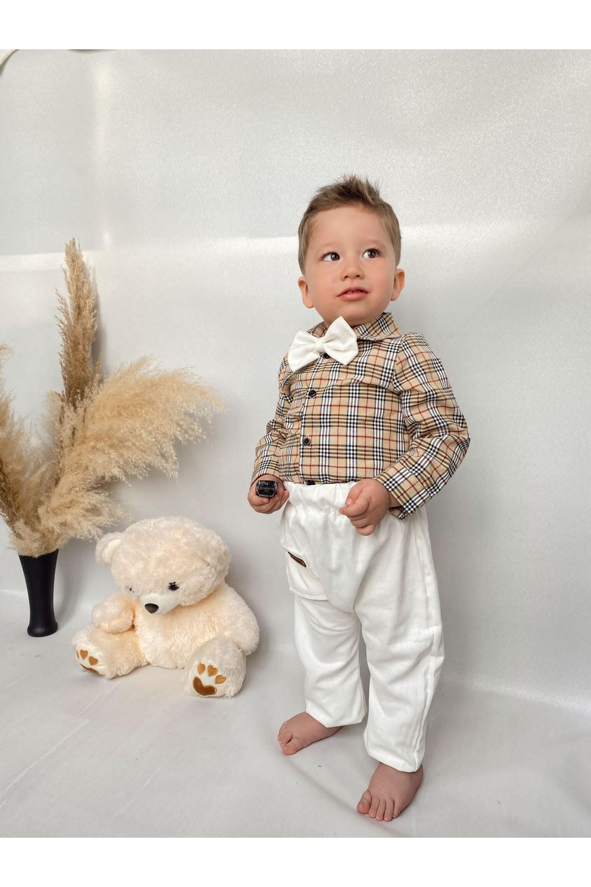 Poplinkids Beyaz Pantolon Keten Gömlek Papyon Takım 164