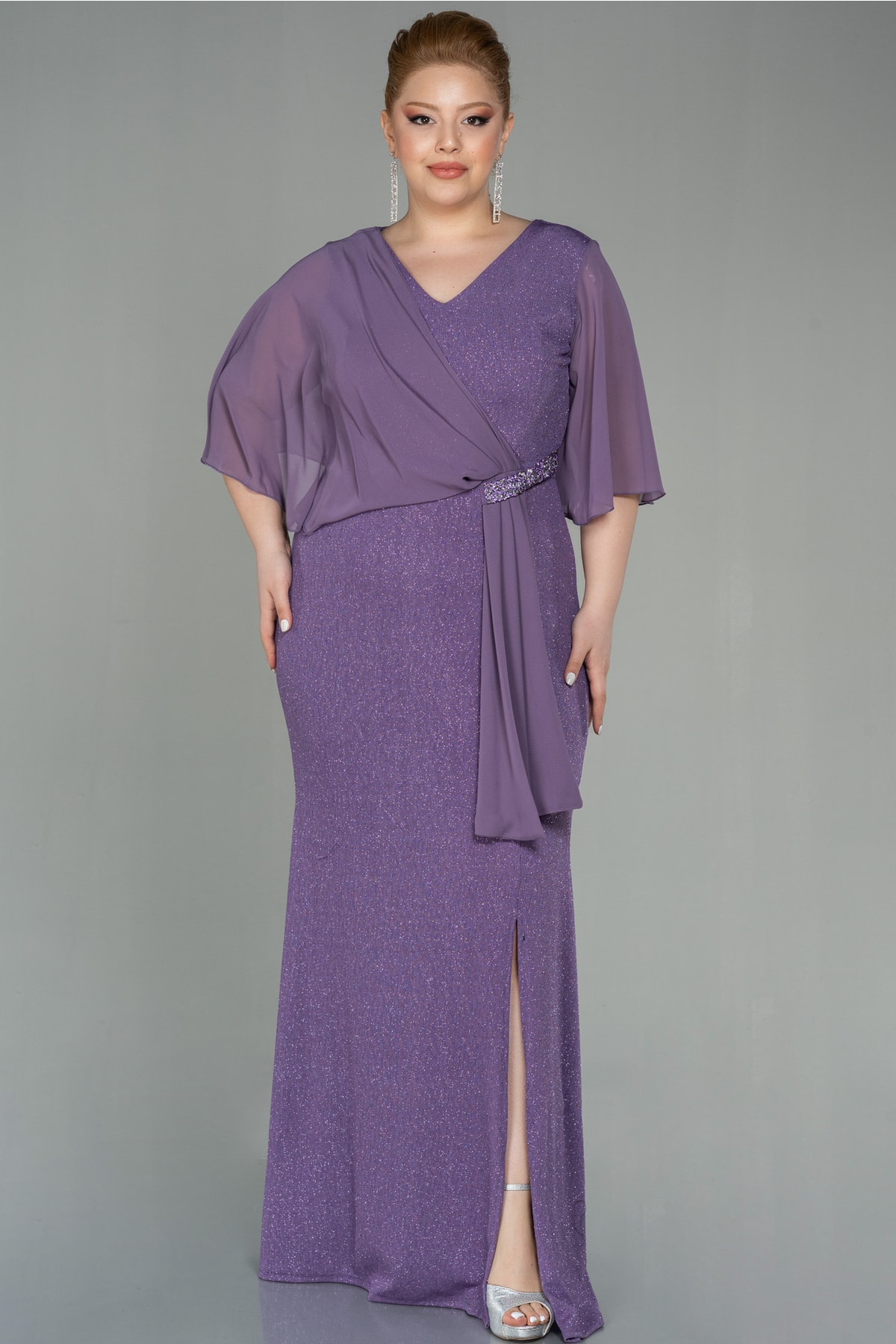 Lavender Short Sleeve Long Glitter Plus Size Evening Dress Abu2857