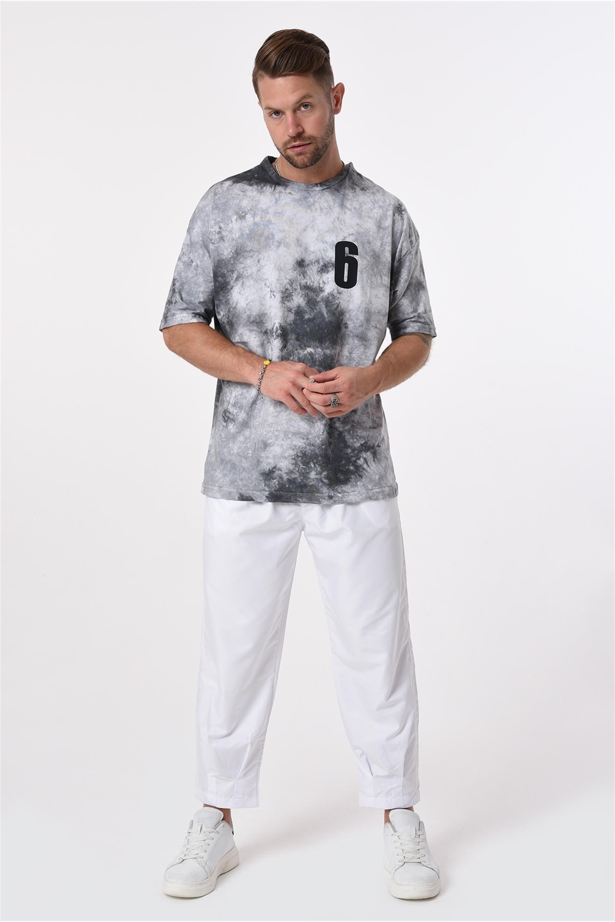 R-5653 Crew Neck Osaka Print Detailed Tie Dye تیشرت